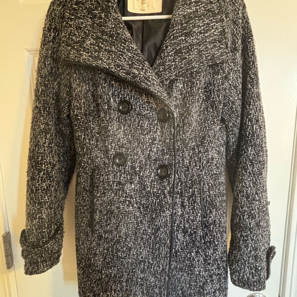 Ci Sono Black & White Double-Breasted Tweed Pea Coat